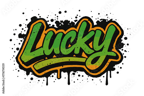 Lucky urban graffiti style lettering. Textured vector illustration with spray paint sticker effect, splash, and drops. Nostalgic 1980s-1990s retro hip hop typography design.