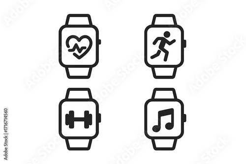 Smartwatch fitness and health tracker icon set. Vector icons for running, gym workout, heart rate monitor and music player app. Wearable technology UI symbol collection.