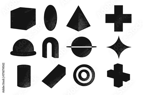 Retro futuristic minimalist brutalism basic figures. Silhouettes of extraordinary graphic elements. Geometrical shapes composition with dotted halftone effect. Modern design icons.