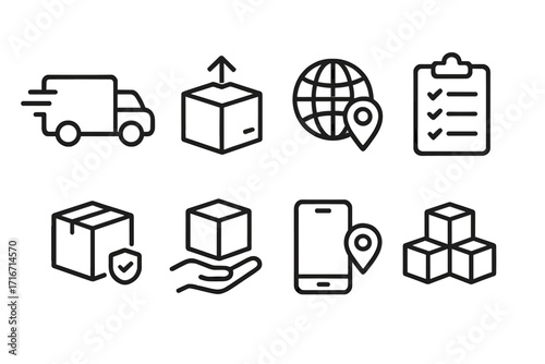 Minimalistic line icons for delivery and logistics services, vector cartoon illustration with transparent background, ordered set of shipping, tracking, packaging and transportation symbols
