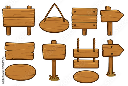 Cartoon wooden signs collection. Set of blank rustic signboards and arrow pointers. Empty wood plank templates for message, direction, or game UI. Vector illustration.