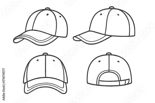 Baseball cap outline set from various angles. Vector cartoon illustration of a sports hat in a minimalist style. Front, back, and side view for mockup or template design.