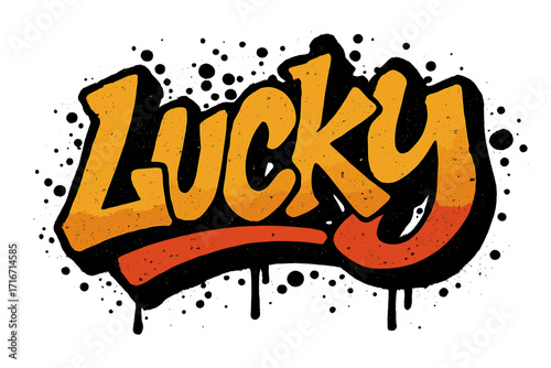 Lucky urban graffiti lettering. Textured street art word with spray paint splashes, drips and leaks. Retro 80s 90s hip hop style vector calligraphy for sticker illustration.