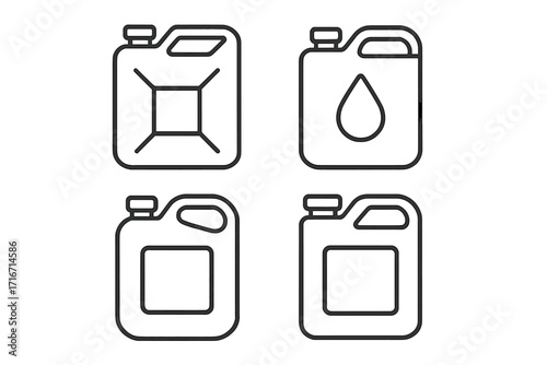 Jerry can outline icon set. Canister for gasoline, fuel, oil and liquid storage. Vector illustration in minimalist line art style. Container symbol collection.