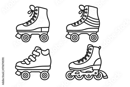Retro roller skates and inline skate collection. Outline vector icon set for active lifestyle and sports. Vintage quad skates and rollerblades for hobby and recreation.