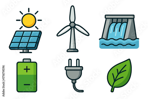 Renewable energy icons set with solar panel, wind turbine, hydroelectric dam, green battery, electric plug, and eco leaf symbols, vector cartoon illustration for clean power concepts