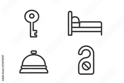 Modern hotel icons key, bed, bell, and do not disturb symbols in linear style, vector cartoon illustration set for hospitality, accommodation, and travel design, transparent background