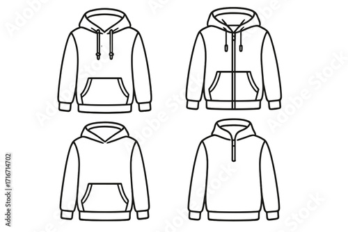 Linear hoodie vector outlines showing multiple sweatshirt styles and front pocket designs, pullover and zip-up hoodies, cartoon technical apparel illustration, isolated transparent background