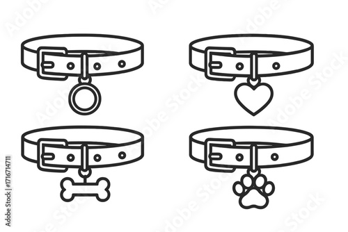 Minimalist linear dog collars set with assorted pet charms, cartoon vector illustration, transparent background, simple outline, round heart bone paw tag design, animal accessories, stock graphic