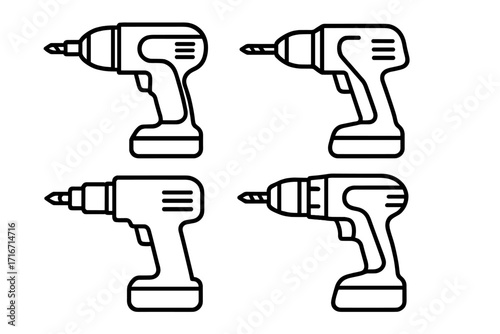 Linear cordless drill icon set, diverse power tool designs, outline vector cartoon illustration, black electric drill collection, household construction equipment, transparent background, DIY toolkit