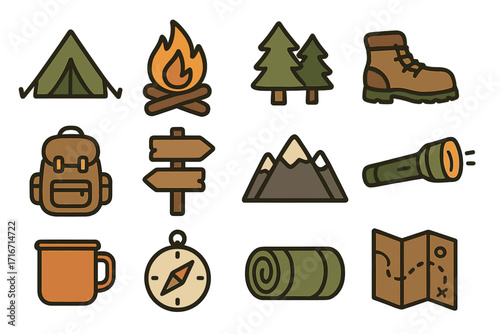 Outdoor adventure icons set featuring minimalist camping, hiking, trekking symbols, backpack, mountain, campfire, compass, map, flashlight, boot, tent, trees, and sleeping bag in cartoon vector style
