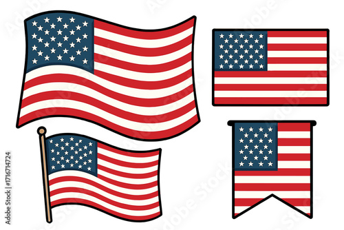 Set of American flags in cartoon vector style. USA national symbol collection with waving flag, banner, and pennant for 4th of July, Independence Day, or Memorial Day.