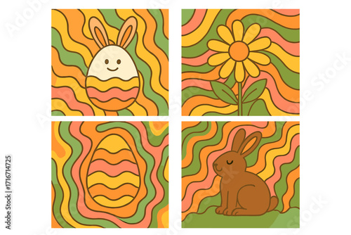 Groovy Easter greeting cards set. Retro 70s 60s style vector illustration. Simple Spring backgrounds with trippy psychedelic patterns, cute bunny, egg and flower.
