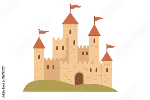 Medieval castle on a hill. Fortified fortress with red flags on turrets. Fairytale kingdom palace icon. Ancient fantasy citadel, historic royal architecture. Middle ages stronghold vector.