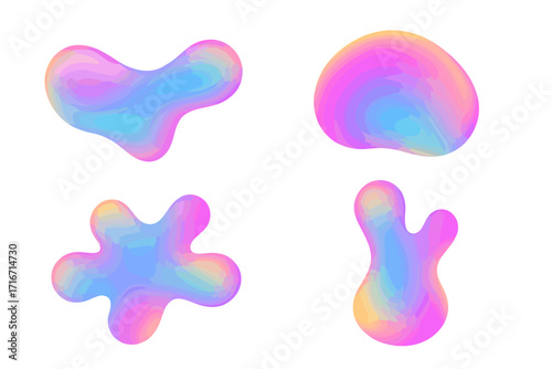 Set of abstract holographic liquid shapes. Collection of isolated fluid amoeba elements. Vintage y2k chameleon design blobs of shimmering iridescent pastel gradient colors.
