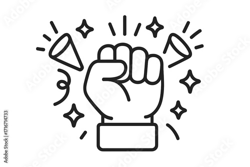 Fist pump celebration line icon. Symbol of success, victory, achievement, and winning. Party concept with confetti popper. Vector cartoon illustration for congratulations.