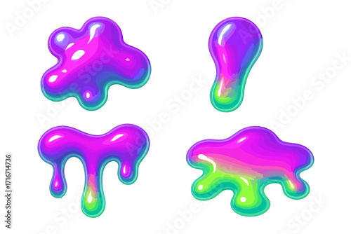 Set of 3D slime liquid shapes in Y2K style. Collection of glossy plastic melt blobs and fluid drips. Aesthetic futuristic 90s retro design elements. Vector illustration.