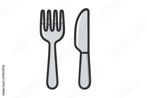 Fork and knife icon for restaurant menu. Cutlery and silverware symbol for food, dining, and meal concepts. Vector illustration of kitchen utensils for dinner or lunch.