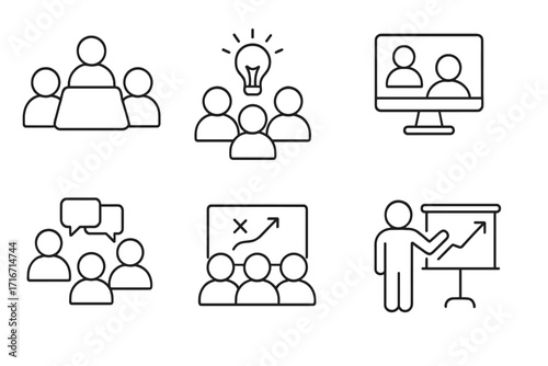 Business meeting and collaboration icon set. Thin line icons for workshop, brainstorming, remote work, team discussion. Vector symbols for strategy planning, presentation, growth.