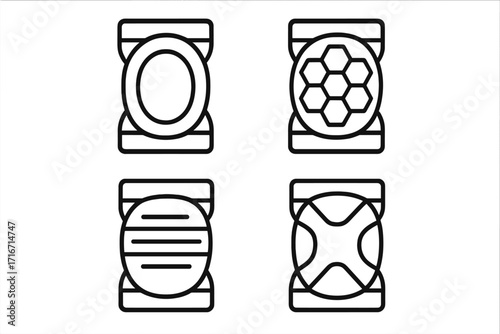 Linear knee pad icons set with abstract patterns, geometric shapes, hexagon, circle, stripe, cross designs, outline vector illustration for safety equipment, protection concept, transparent background