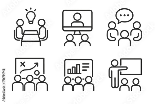 Meeting collaboration icon set. Thin line editable stroke icons for business workshop, brainstorming, remote conferencing, team discussion, strategy planning, and presentation.