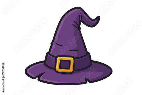 Purple witch hat vector icon. Cartoon illustration for Halloween. Magic wizard or sorcerer cap for fantasy costume party. Spooky pointy hat graphic design element. Isolated.