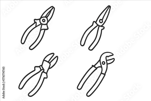 Vector cartoon illustration set of linear pliers icons for tools and hardware. Hand tool collection including cutting, gripping, adjustable, needle nose pliers. Isolated on transparent background.