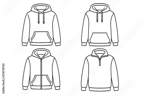 Hoodie vector outline set different styles collection. Pullover zip up quarter zip sweatshirt design. Front view hoodie template. Fashion apparel illustration. Transparent background. Vector clipart