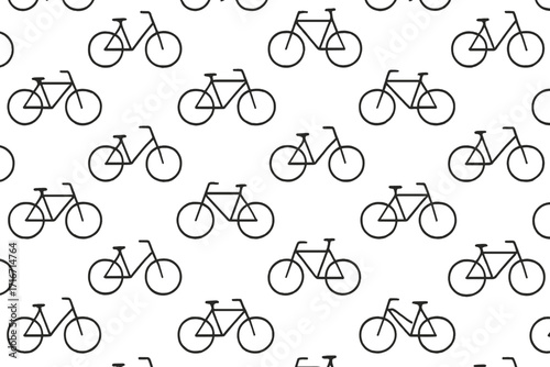 Seamless pattern minimalist linear bicycle icons, black and white cycling outline, vector cartoon design, transportation background, transparent, repeating ordered set, active lifestyle texture