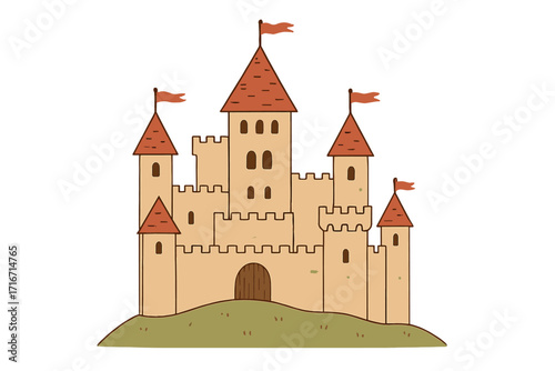 Medieval castle on a hill. Fortified fortress with red flags on turrets. Fairytale kingdom palace concept. Ancient historical building icon. Flat vector hand drawn illustration.