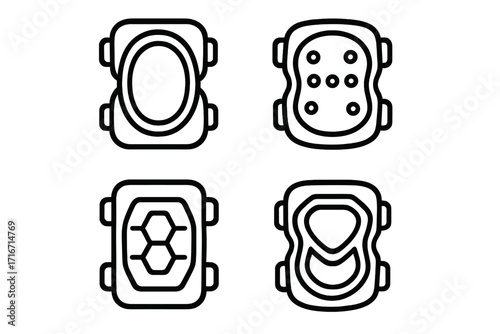 Linear knee pad icons collection various protective pad patterns and shapes illustration. Sports safety gear. Black outline vector knee protector set isolated. Transparent background design concept.