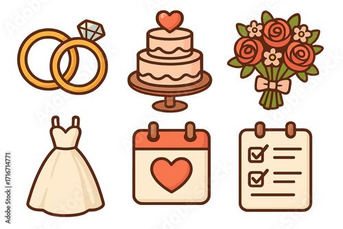 Wedding icon set for marriage and celebration. Cute cartoon vector collection with rings, cake, dress, flowers, calendar date, and planner checklist. Love and ceremony elements.