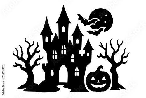 Halloween haunted castle silhouette with bats flying over full moon. Spooky gothic mansion, creepy trees and jack o'lantern pumpkin. Scary night vector horror illustration.