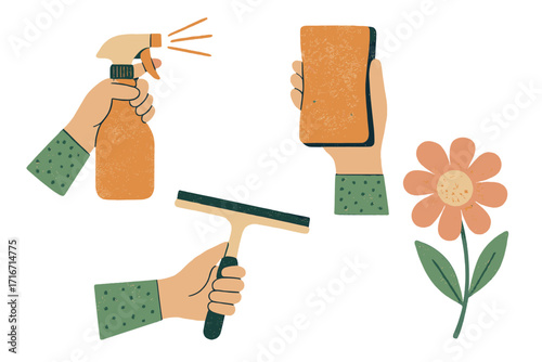 Household chores and spring cleaning vector icons. Retro collage paper elements with hands holding spray, sponge, scraper. Disinfection, hygiene, cleaning service concept.