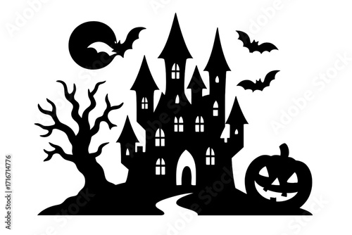 Halloween haunted house silhouette. Spooky landscape with scary castle, bats flying over moon, creepy tree and jack o lantern pumpkin. Gothic horror vector illustration.