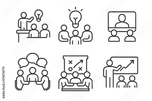 Meeting collaboration icon set. Thin line editable stroke icons for workshop, brainstorming, remote conferencing, team discussion, strategy planning, and business growth.