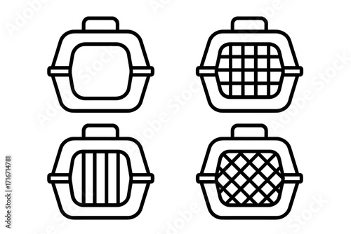 Linear pet carrier icons set with variety of front door designs for travel and transportation safety, wire mesh, bars, grid, isolated vector cartoon illustration, transparent background, collection