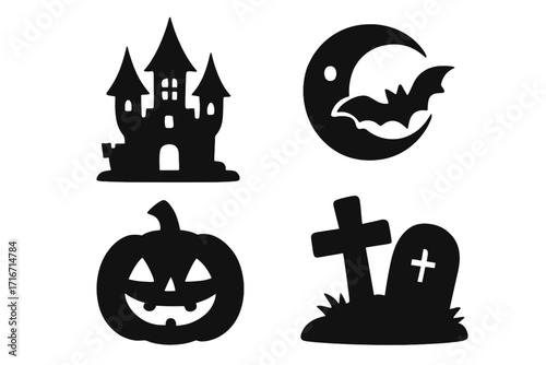 Halloween icons set silhouette. Spooky haunted house, scary pumpkin jack o lantern, bat on moon, and gravestone. Creepy vector graphic collection for horror party decor.
