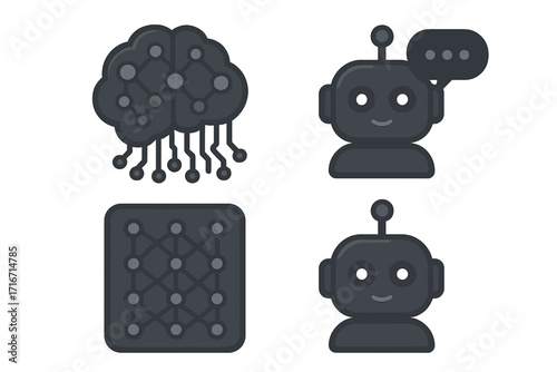AI and machine learning dark icon set. Vector symbols of neural network, chatbot, robot brain and algorithm. Artificial intelligence and deep learning cartoon pictograms.
