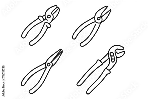 Linear pliers vector icons set for tools and hardware design. Cartoon illustration collection of cutting pliers, needle-nose pliers, adjustable pliers, hand tools, isolated on transparent background.