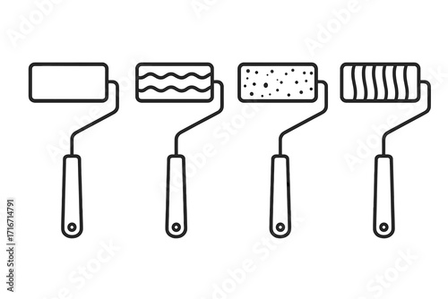 Linear outline paint rollers set with varied patterns and textures, cartoon vector illustration, seamless transparent background, painting tools, home decor, construction supply, creative design