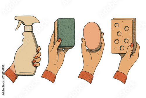 Spring cleaning service concept. Housekeeping tools set in vintage halftone style. Woman's hand holding spray, sponge, soap. Retro household chores vector collection.