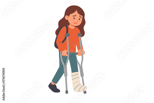 Sad teenage girl with broken leg in cast walking with crutches. Unhappy student character with injury. Disabled person concept. Medical recovery, accident, physical trauma. Flat vector.