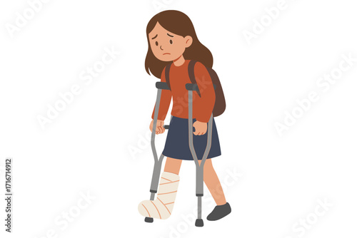 Sad teenage girl with broken leg cast walking on crutches. Unhappy depressed student with temporary disability. Concept of child injury, bone fracture, physical trauma vector.