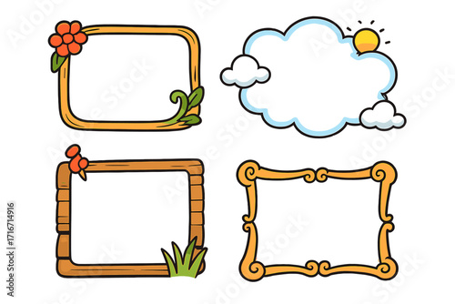 Set of cartoon frames. Hand drawn cute doodle borders for kids. Vector collection of text boxes including cloud, flower, wood and ornate styles for scrapbooking.