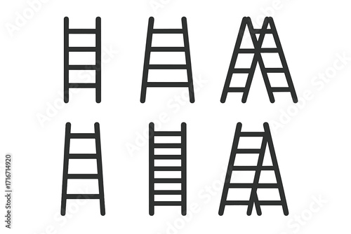 Minimalist ladder icons set in monochrome, vector cartoon illustration, six unique ladder types including step ladders, simple ladders, construction, isolated on transparent background
