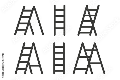 Minimalist ladder icons set in black outline, folding and straight ladders, step ladder collection, home improvement, construction, safety tool vector illustration on transparent background