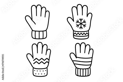 Winter gloves outline vector collection, hand drawn cartoon illustration, assorted glove designs, snowflake and stripe patterns, transparent background, cozy cold weather accessories