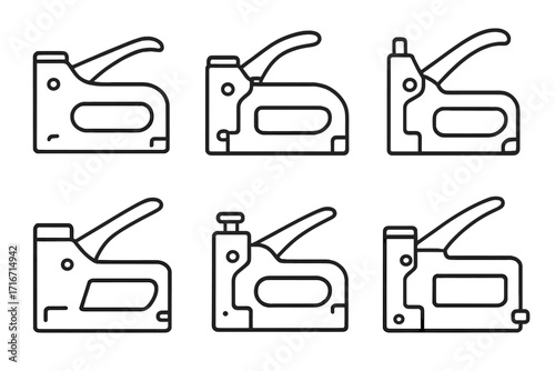 Staple gun icon set, six tools, construction equipment, black outline vector, graphic illustration, DIY, repair, hand tool collection, simple design, transparent background, hardware concept
