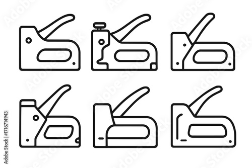 Set of six staple gun icons, simple black outline style, isolated vector illustration, staple gun tool collection, hardware equipment, construction instrument, transparent background, ordered set